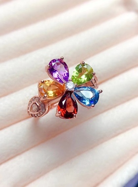 银镀金镶嵌天然彩色宝石繁花似锦水滴形花瓣时尚百搭大气戒指活口