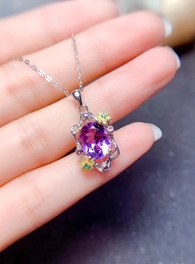 925银镀金镶嵌天然紫水晶时尚个性小雏菊小清新戒指项链套装活口