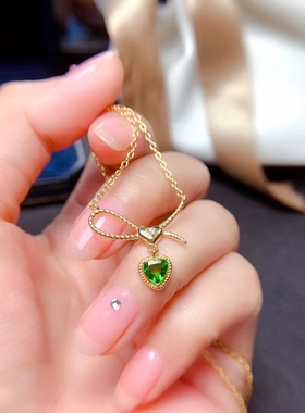 银镀黄金镶嵌天然心形透辉石时尚潮流日韩小清新蝴蝶结丝带项链