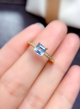 银镀黄金配钻镶嵌天然阿斯切天空蓝托帕石时尚潮流小清新百搭女戒
