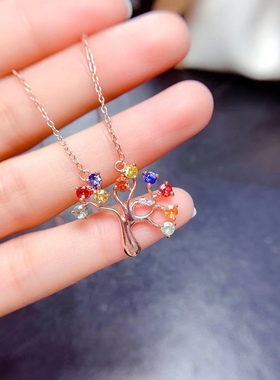银镀玫瑰金镶嵌彩色马卡龙蓝宝石发财树圣诞树时尚小清新百搭项链