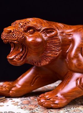 花梨木雕生肖老虎摆件风水生肖虎工艺品红木客厅办公装饰生日礼物