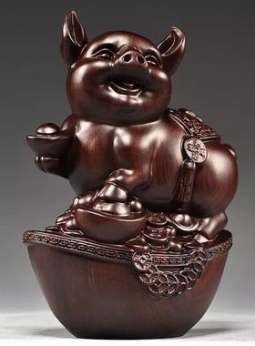 绿色木质福猪摆件十二生肖三合动物家居客厅创意摆设红木工艺礼品