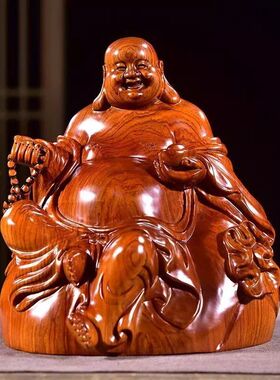 黑檀实木质雕刻弥勒佛像摆件坐式布袋笑佛红木家居客厅装饰工艺品