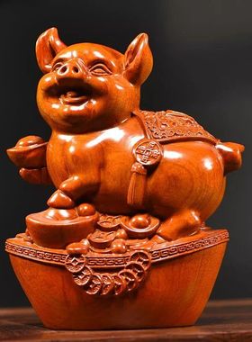 绿色木质福猪摆件十二生肖三合动