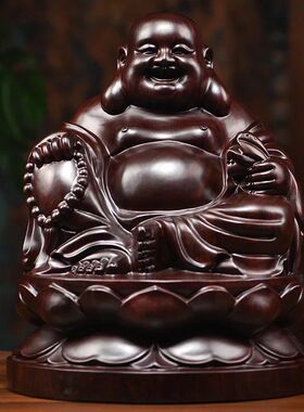 红花梨雕弥勒佛像摆件坐莲笑佛实木质雕刻家居客厅红木祝寿工艺品