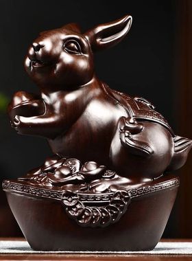 绿色木质福兔子摆件实木十二生肖雕刻家居客厅装饰红木工艺送礼品