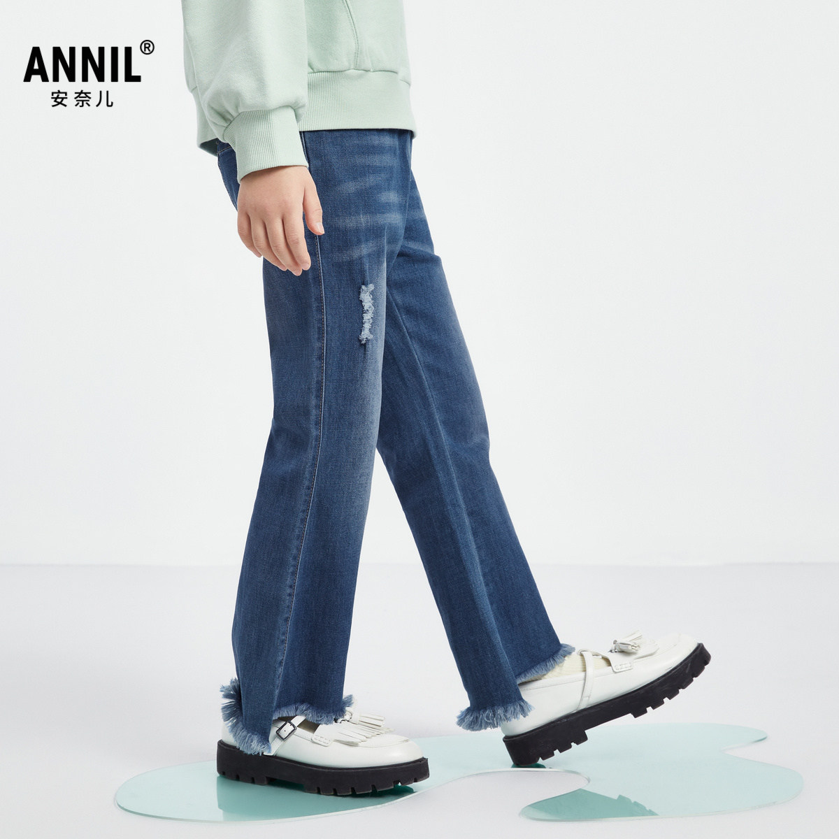 安奈儿童装女童牛仔单裤秋新款微喇弹力甜美时尚流苏长裤,淘宝优惠券,粉丝福利购,淘宝优惠卷