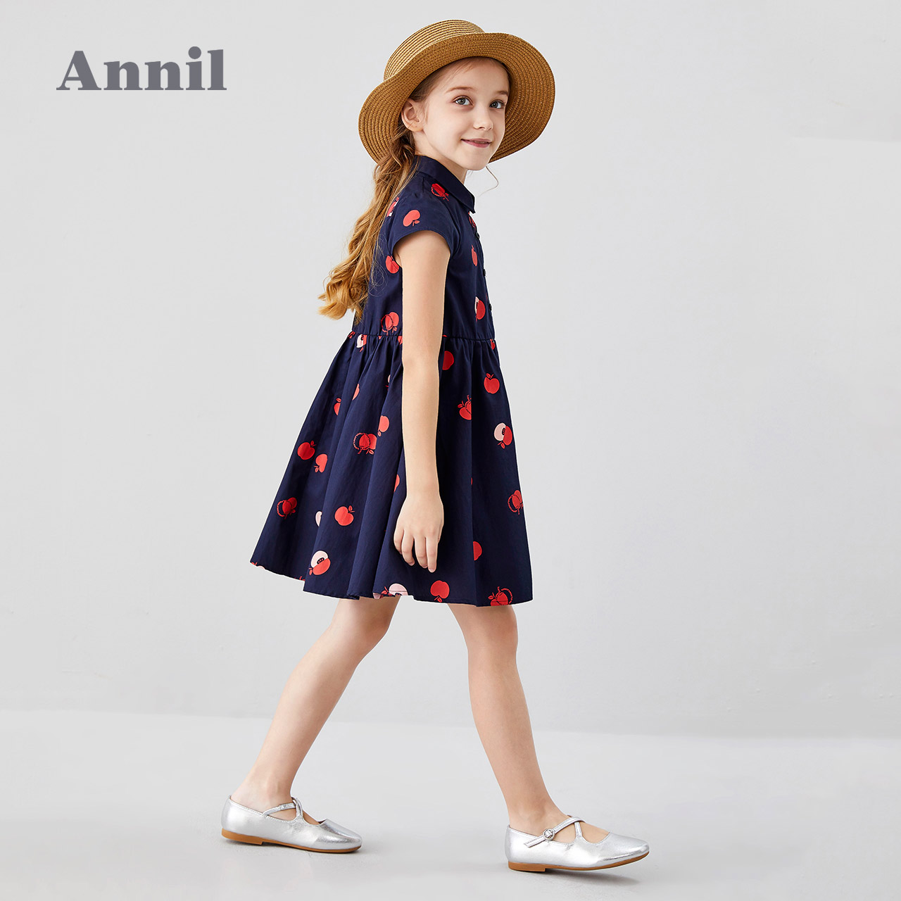 安奈儿旗舰店安奈儿童装女童连衣裙短袖夏季新款复古风轻薄洋气中大童裙子1