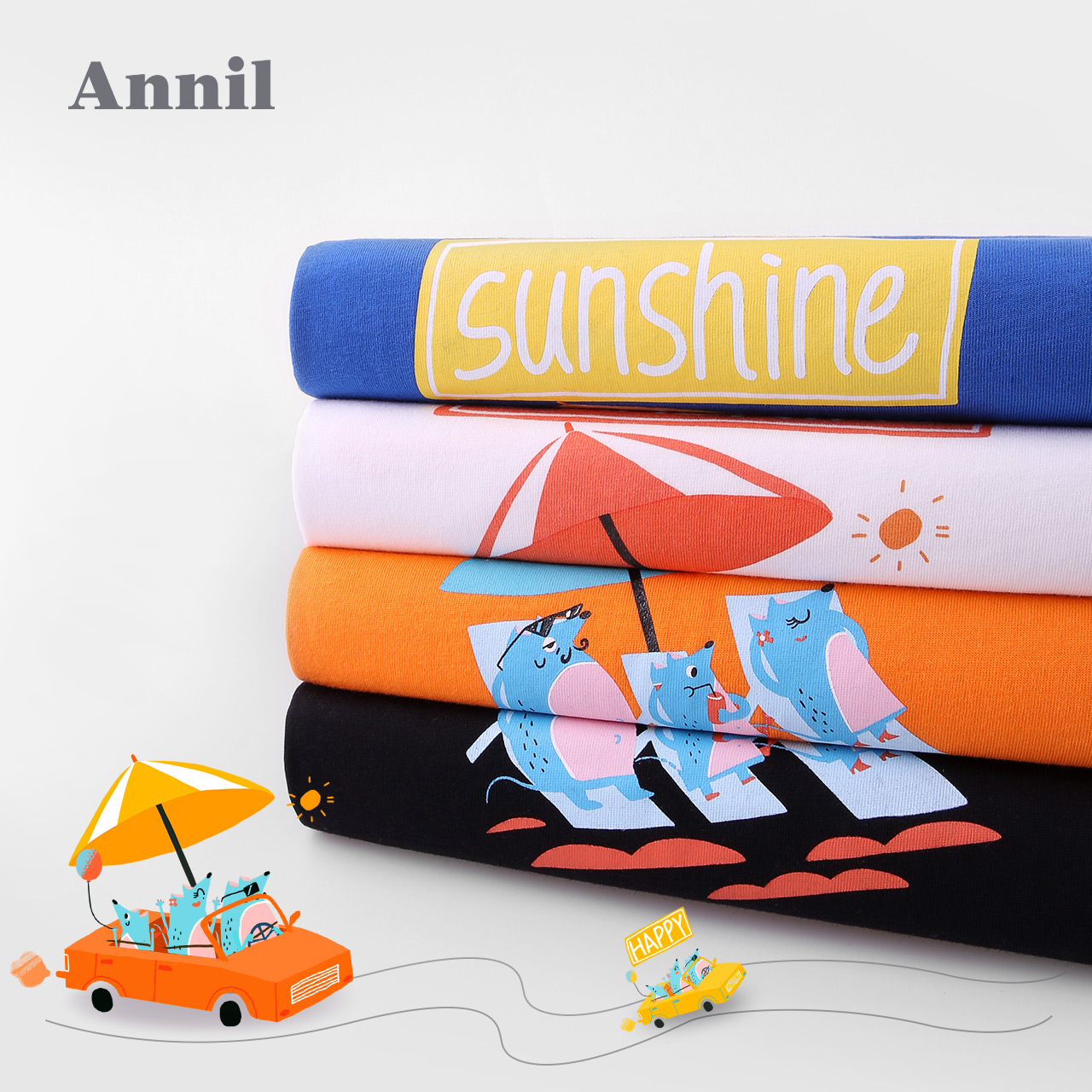 安奈儿旗舰店安奈儿童装男女童T恤短袖纯棉新款洋气印花一家三口亲子装夏1