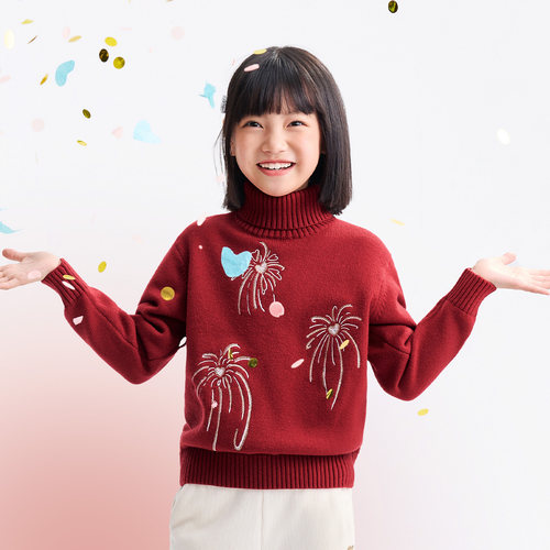 安奈儿童装女童高翻领长袖毛衣针织衫2025冬新款保暖绣花弹力宽松 - 图0