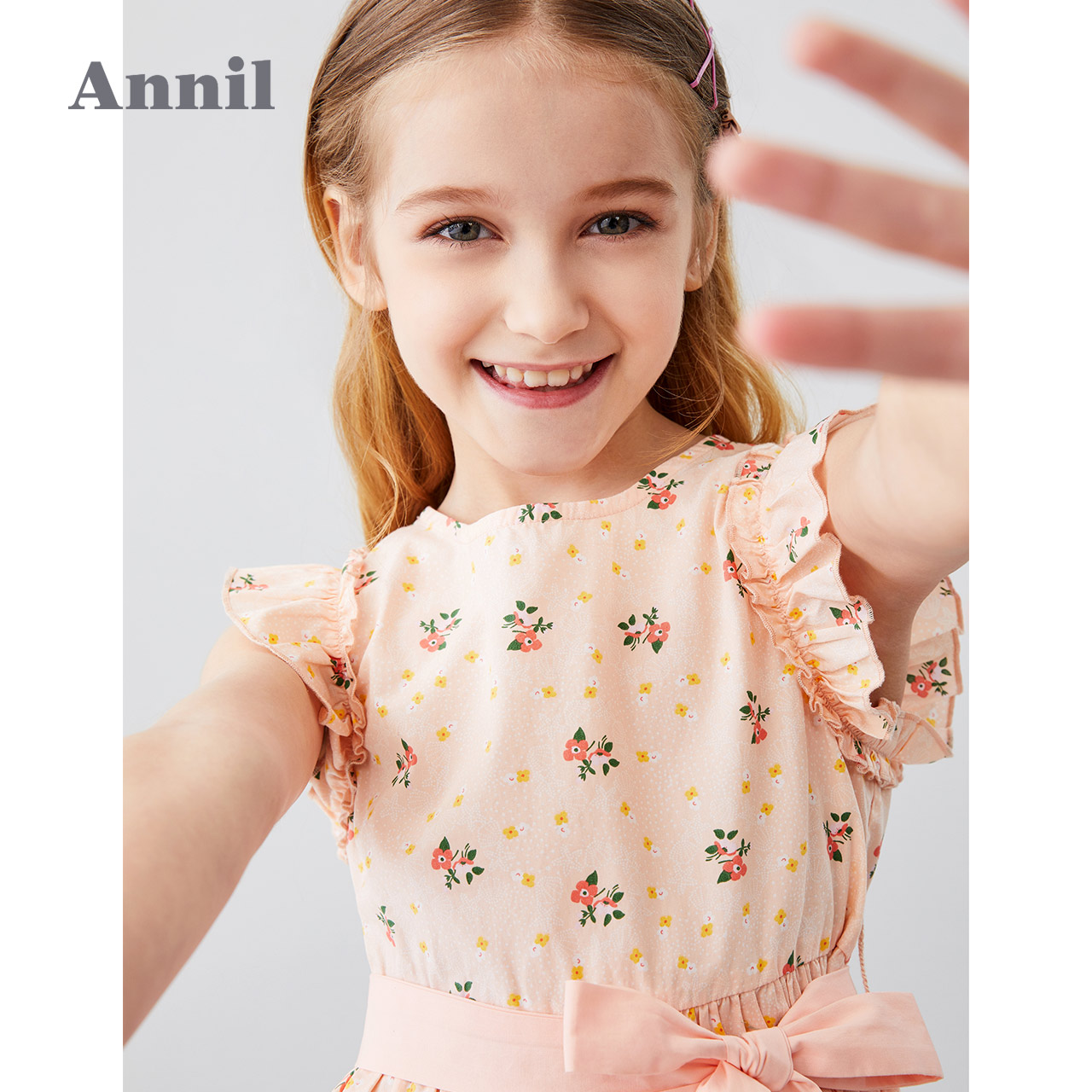 安奈儿旗舰店安奈儿童装女童连衣裙无袖夏季新款撞色印花中大童碎花连衣裙1