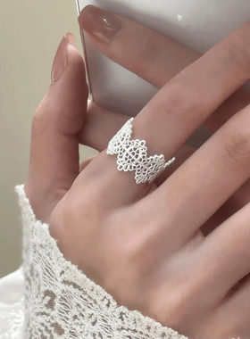 合金戒指 超仙花朵蕾丝银色公主花纹简约开口戒指气质轻奢小众