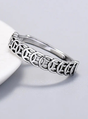 合金戒指 复古铜钱时来运转时尚金钱百搭戒指小众简约个性做旧