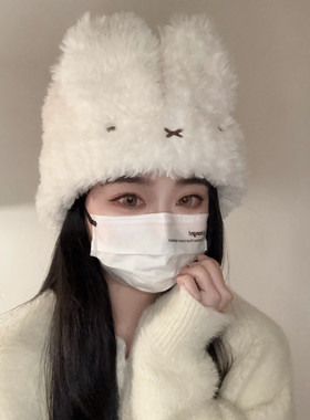韩系可爱白色兔耳朵毛绒绒针织帽