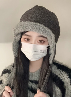 韩系白鹿同款灰色飞行帽子冬季