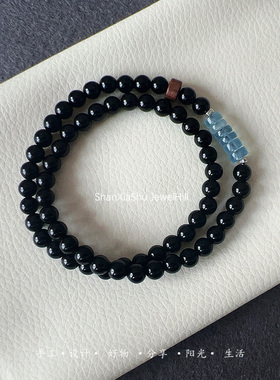 山下树 天然海蓝宝直切算盘珠喜水乌金黑曜石手串情侣节日礼物女