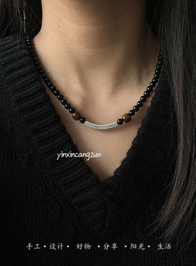 原创设计天然乌金黑曜石纯银鱼管好寓意锁骨链情侣项链简约百搭款