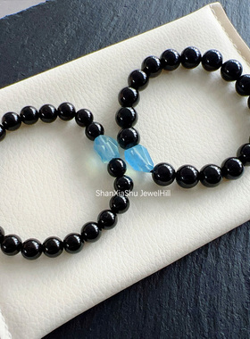山下树 小众天然乌金黑曜石海蓝宝情侣水晶手串七夕礼物男女补水
