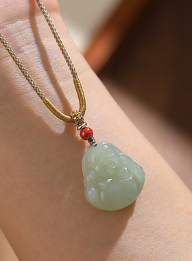 天然和田玉真品玉石佛公吊坠女款弥勒佛笑佛大玉佩平安护身符项链