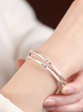 S999足银平安喜乐手镯女款实心纯银镯子可调节素圈手环复古民族风