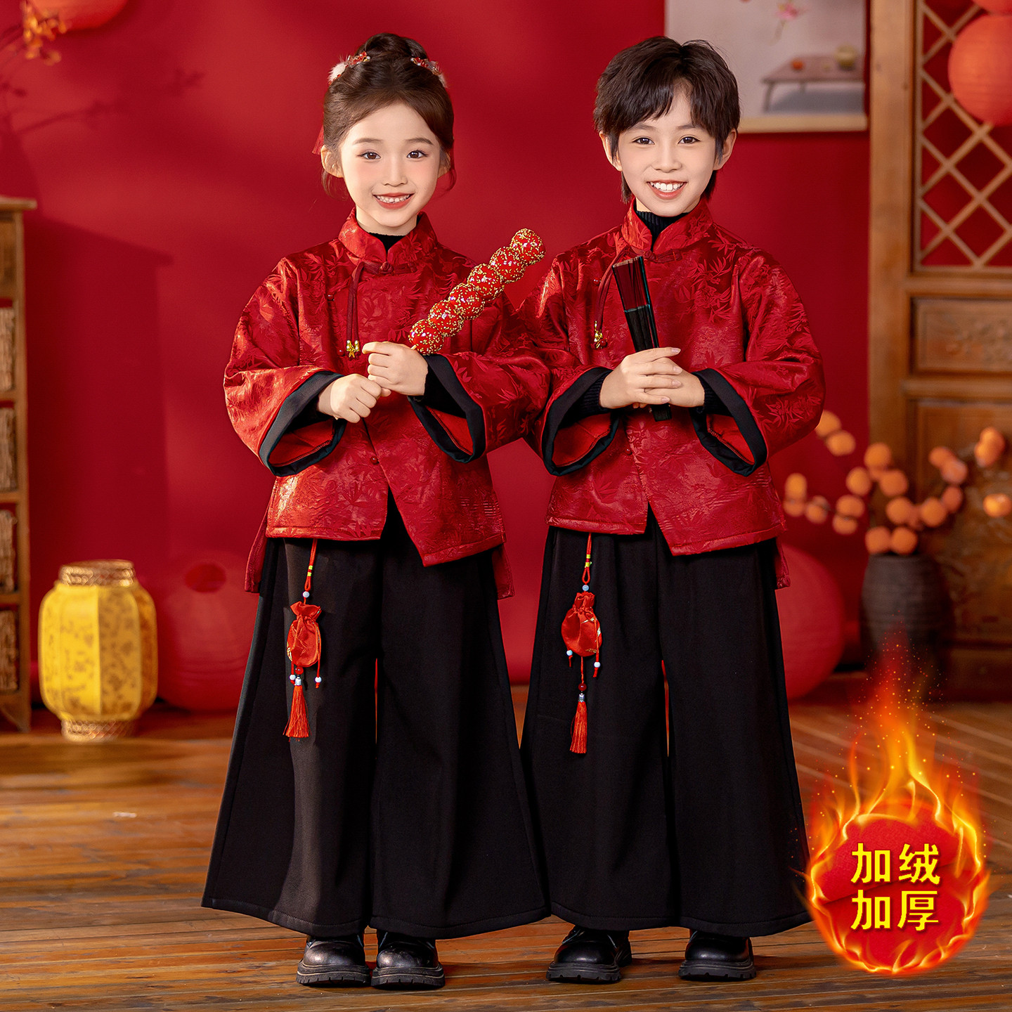 男童加绒汉服秋冬季新中式古装女童唐装套装中国风儿童元旦表演服,淘宝优惠券,粉丝福利购,淘宝优惠卷