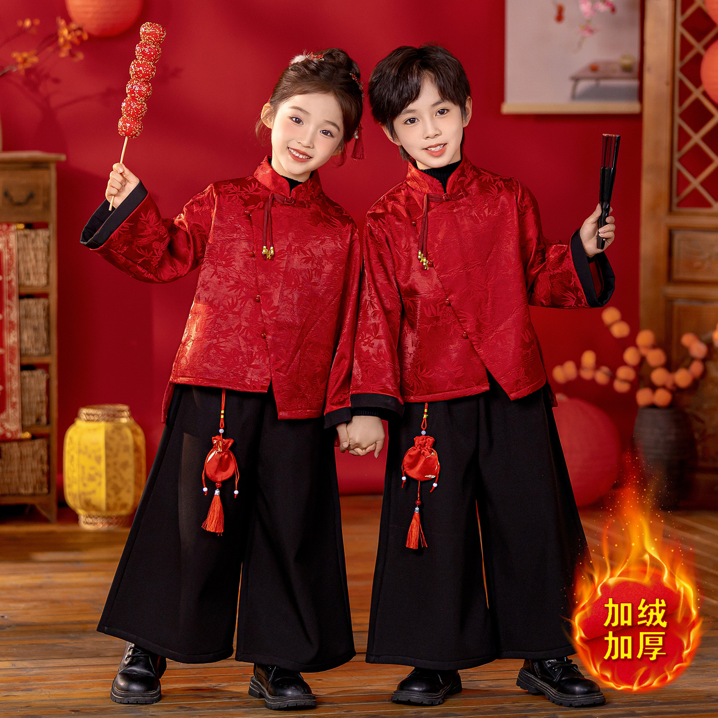 男童加绒汉服秋冬季新中式古装女童唐装套装中国风儿童元旦表演服,淘宝优惠券,粉丝福利购,淘宝优惠卷