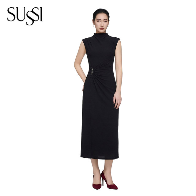 Antique 26 summer new shopping mall black turtleneck wide shoulder sleeveless commuting slim mid-leng length dress