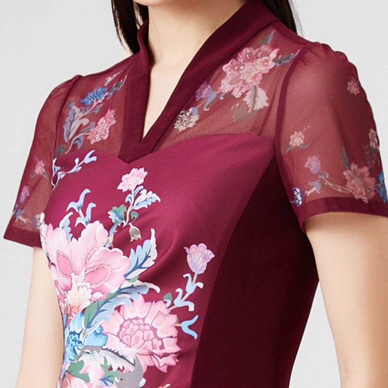 SUSSI/古色24夏商场同款酒红新中式印花喜婆婆婚宴装连衣裙女