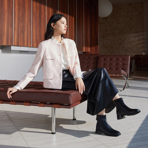 奥康 女鞋2025冬季加绒保暖时装靴精致方圆头舒适透气百搭短靴 - 图0