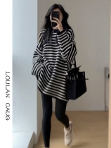 2022 Spring autumn new width 100 hitch Lazy Wind Round collar Head Striped Sweater Women Beating Underpins Sweatshirt Blouse
