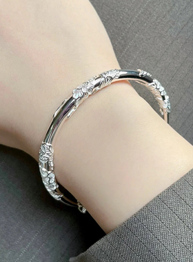 银手镯s999繁花手镯女实心民族风