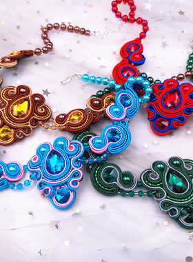 蒙古手工编织花朵民族风旗袍项链