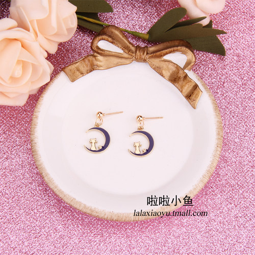 月亮猫咪可爱少女心卡通小猫手工diy耳环耳坠耳钉耳勾材料包配件 - 图1