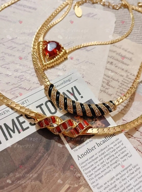 中古vintage铜镀金复古黑金珐琅釉微镶项链小众红色爱心锁骨链女