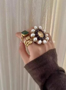中古vintage法国设计师Goo*sens巴洛克珍珠石榴石戒指开口指环女
