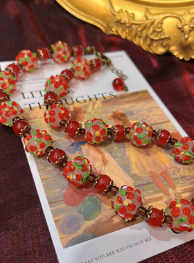 中古vintage法式复古做旧年代感花瓣蛋糕琉璃串珠项链国风锁骨链