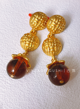 中古Vintage法式复古宫廷镀真金琉璃吊坠链条项链耳环流苏锁骨链