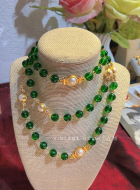 vintage中古手工绿色琉璃长项链多层仿珍珠镀金复古宫廷风毛衣链
