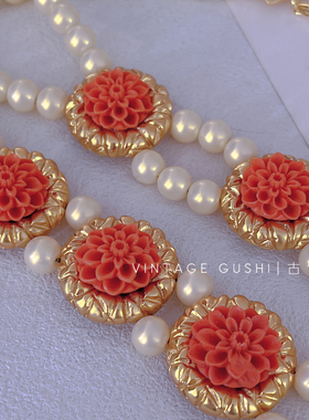 中古vintage复古哑光镀金莲花珍珠项链choker欧美小众奶油贝手链