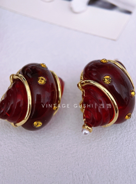 中古vintage法式复古红色微镶果冻琉璃海螺耳钉欧美夸张个性耳夹