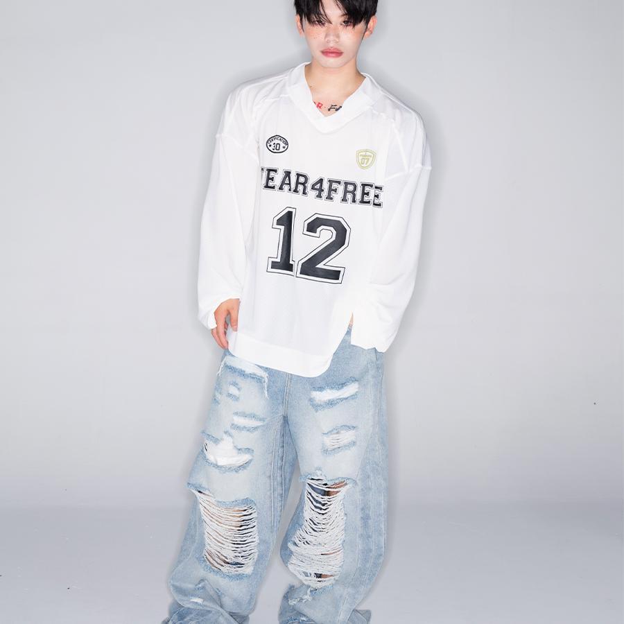 [GINGER]FEAR4FREE美式高街黑白网透球衣 街头风字母印花运动T恤 - 图0