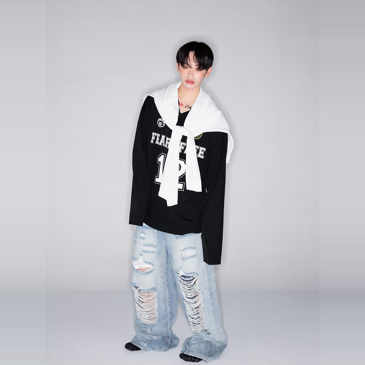 [GINGER]FEAR4FREE美式高街黑白网透球衣 街头风字母印花运动T恤 - 图1