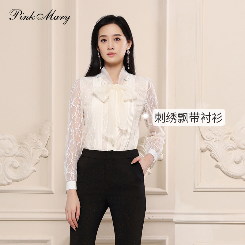 Pink Mary/粉红玛琍衬衫女2023春季通勤风飘带装饰上衣PMAMS1909 - 图0