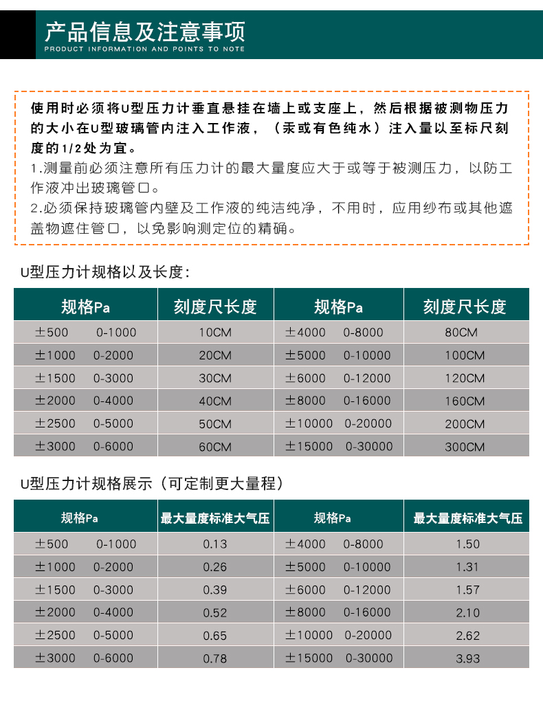 全不锈钢新款U型压力计压差计水柱表测压燃气检测压力计吊压板 - 图2