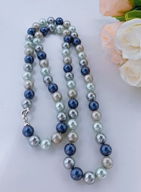南洋母贝仿珍珠正圆强光炫彩天空蓝莫兰迪混彩锁骨毛衣项链送女友