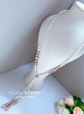 母贝珍珠大小渐变长款混彩毛衣链