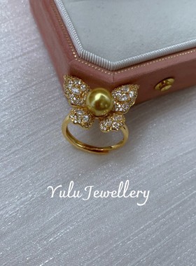 母贝仿珍珠注金蝴蝶戒指