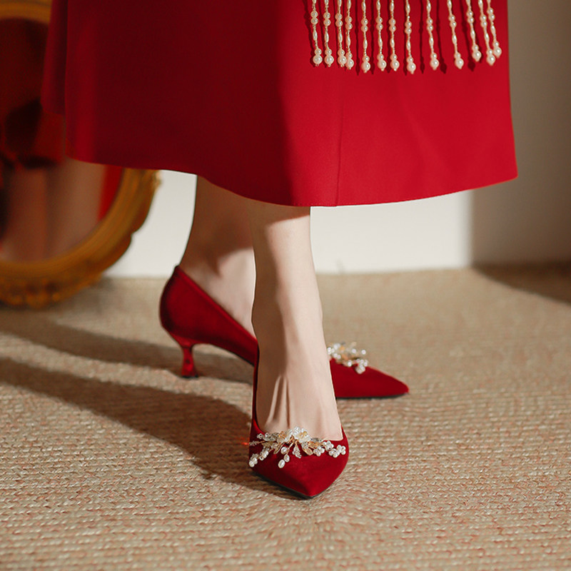 红色婚鞋女秀禾服两穿细高跟新娘鞋2025年新款孕妇粗跟中式礼服鞋,淘宝优惠券,粉丝福利购,淘宝优惠卷