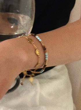 蓝棕配色虎石串珠项链可叠戴